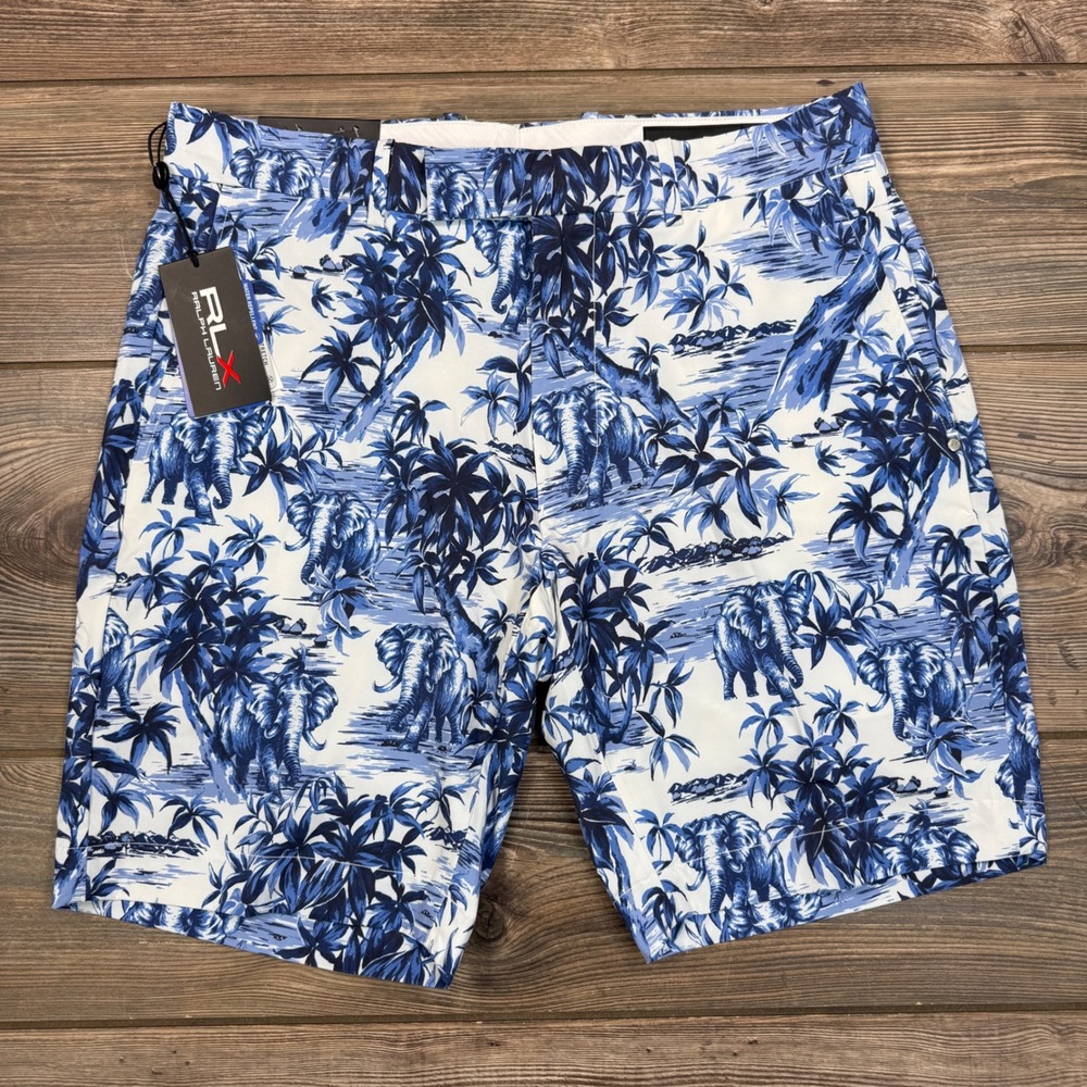 RLX Ralph Lauren Mens Golf Shorts Size 32 Tailored Blue White Elephant Print New